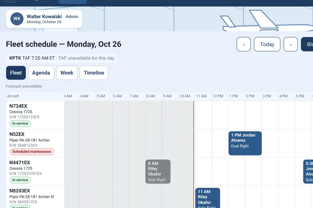 Fleet schedule timeline with one lane per aircraft, flights, and maintenance blocks